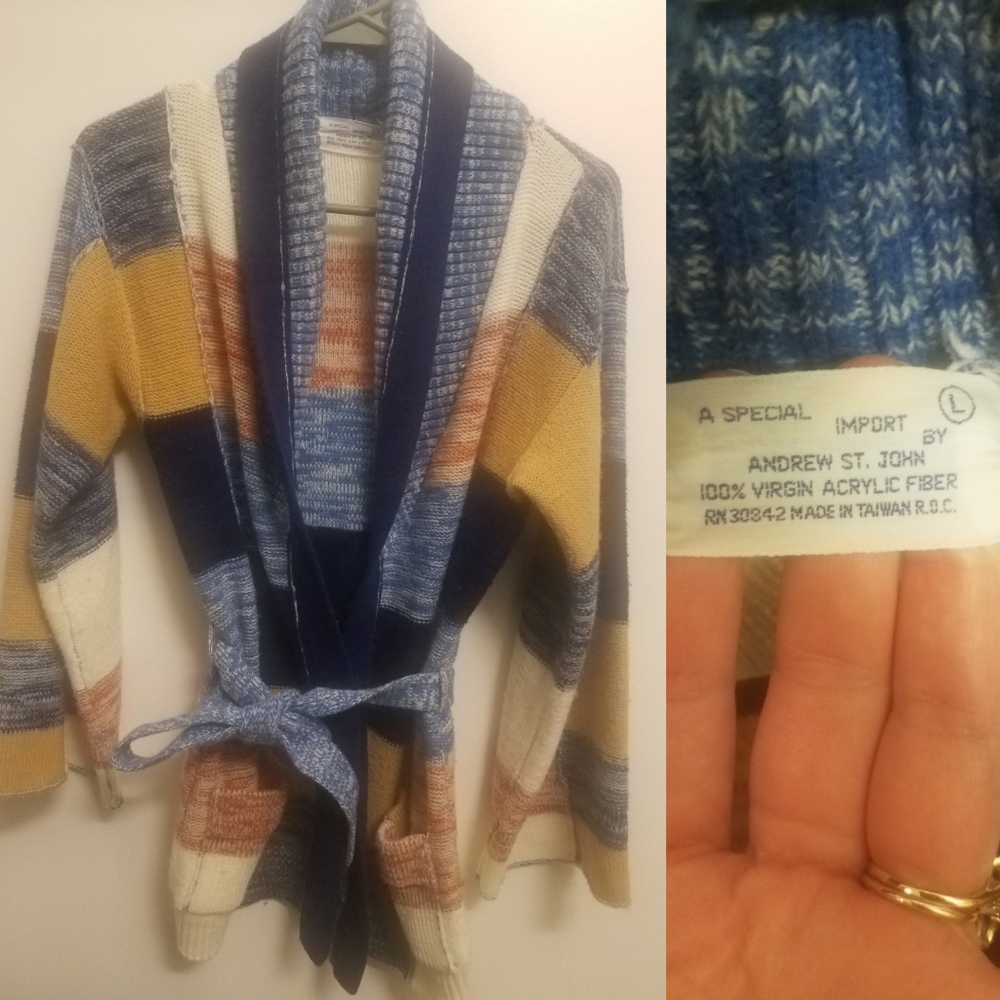 70s Vtg Patchwork Space Dye Shawl Collar Sweater